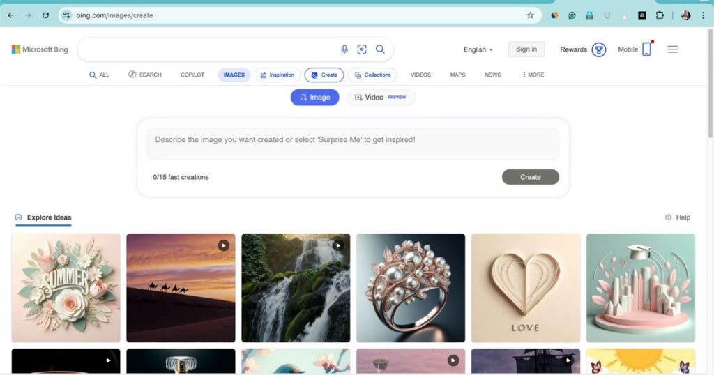 Bing AI image generator interface with text prompt box and visual idea gallery