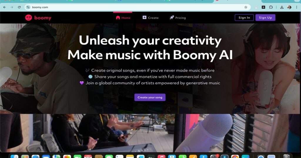 Boomy homepage showing AI-powered music creation platform for beginners