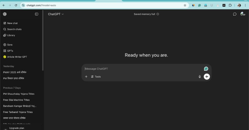 Screenshot of the ChatGPT dashboard with a dark interface and tools section ready for input.