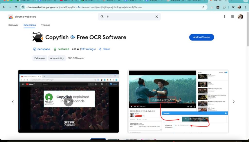Copyfish OCR tool interface extracting text from video subtitles for data entry