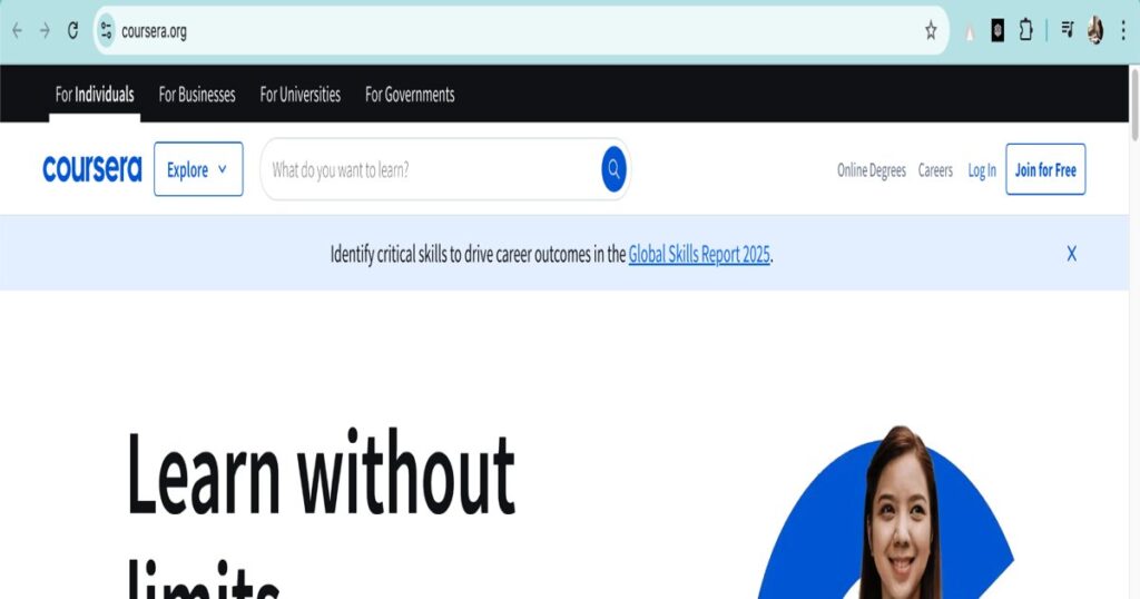 "Coursera homepage offering free and paid online courses to boost career growth"