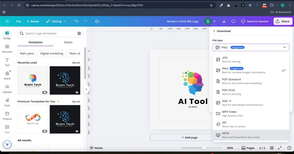 "Download options for PNG, SVG, and other formats in AI logo design tool"