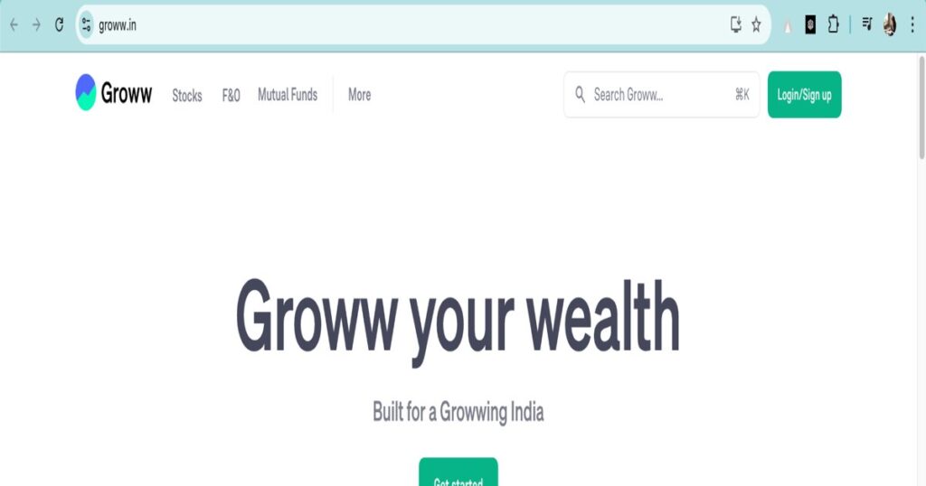 Groww homepage promoting online investment and wealth management in India