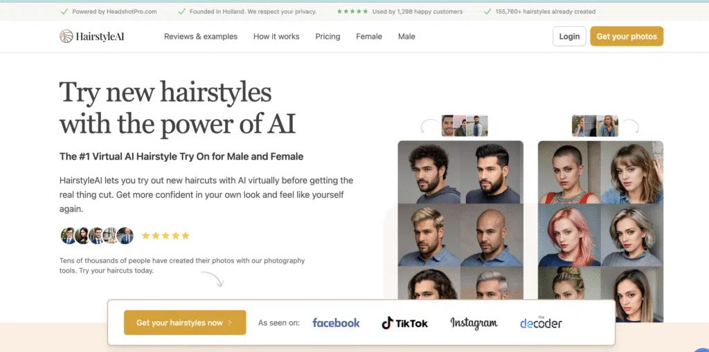 Hairstyle AI website interface showing virtual haircut previews for men and women