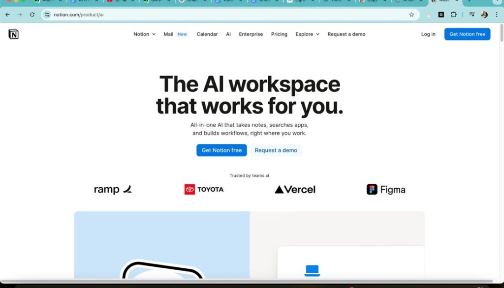 Notion AI workspace homepage showing its features for workflow and data entry