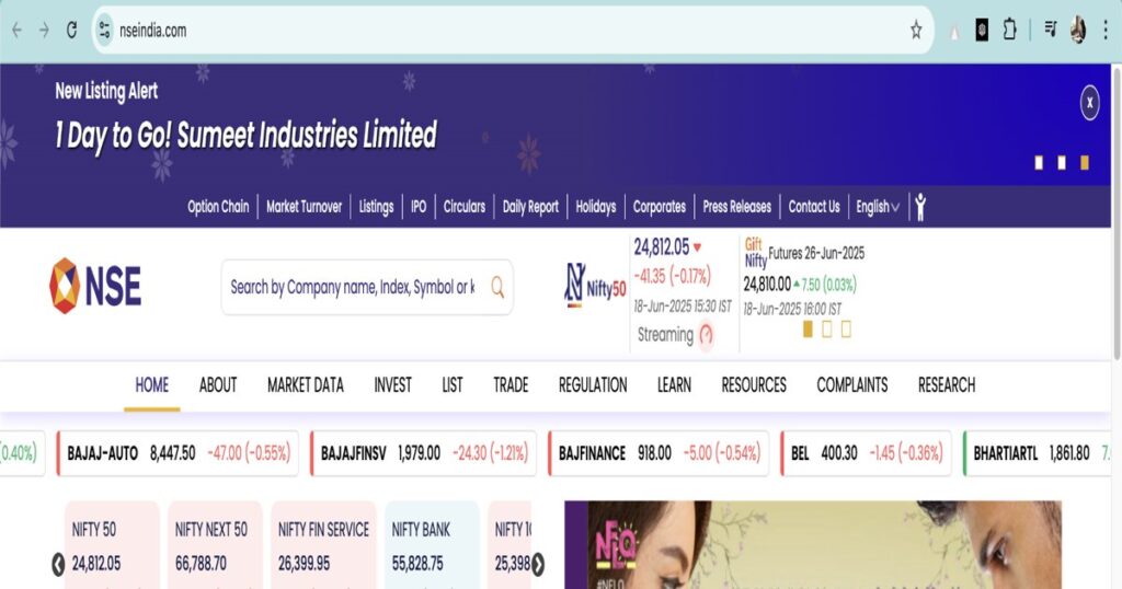 "NSE India stock market dashboard showing live indices and company data for market research"