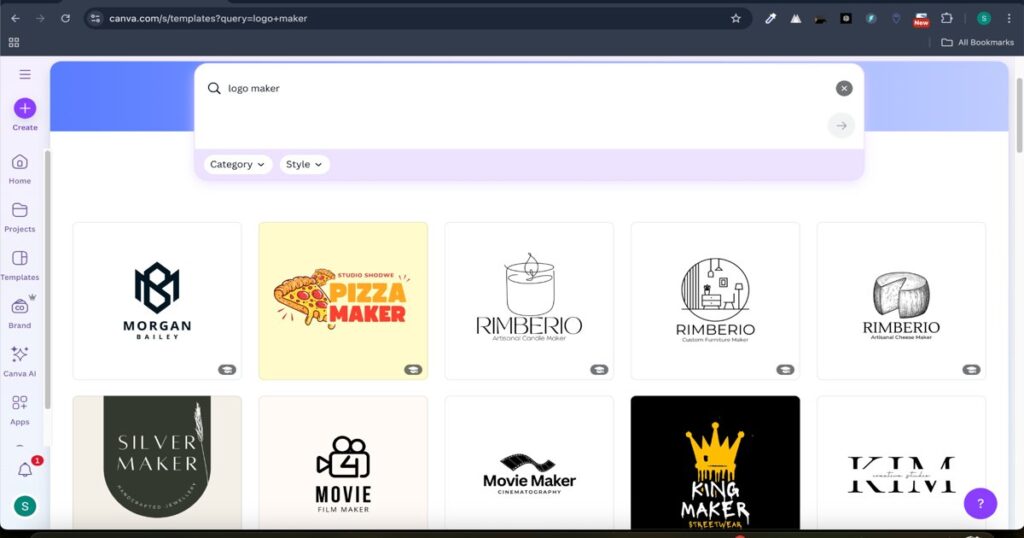 "AI logo maker tool interface showing various logo templates on screen"