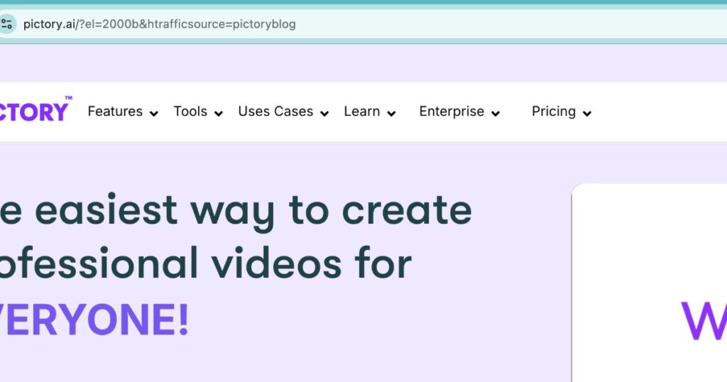 "Pictory AI platform homepage highlighting easy video creation interface for content editing"