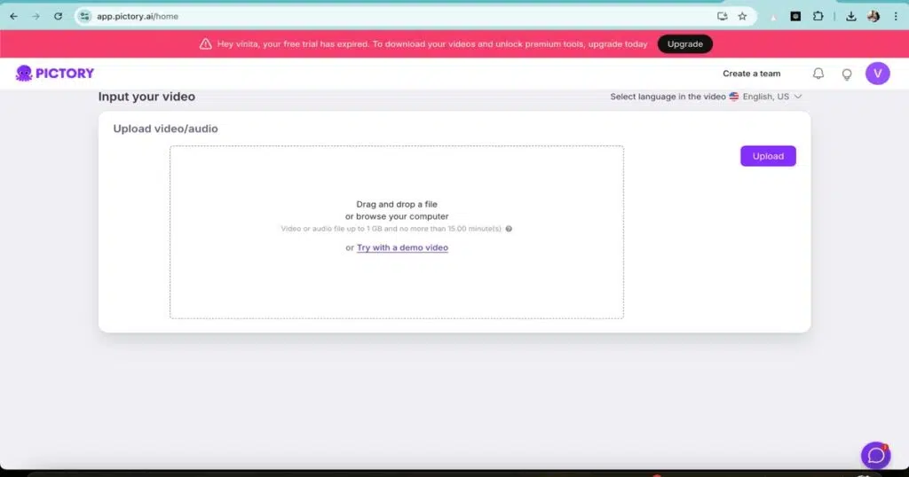 "Pictory interface for uploading video or audio to start AI-powered video editing"
