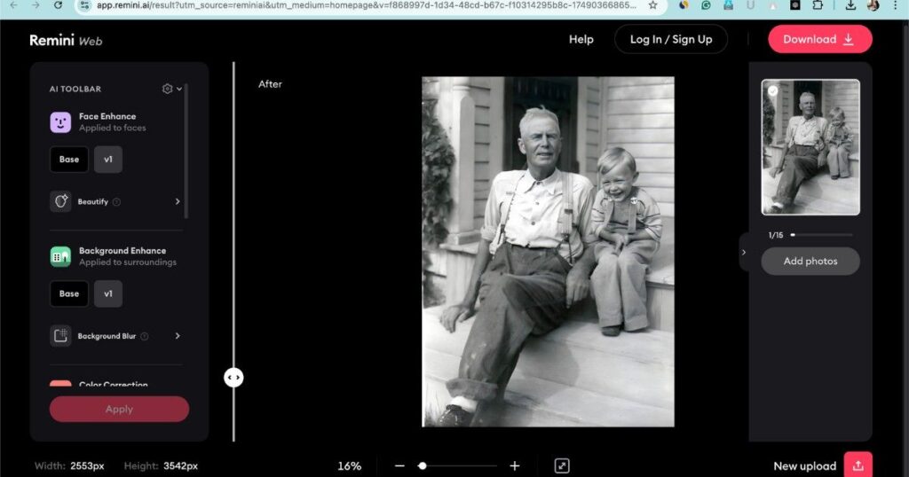 Enhanced old black-and-white photo result using Remini AI tool