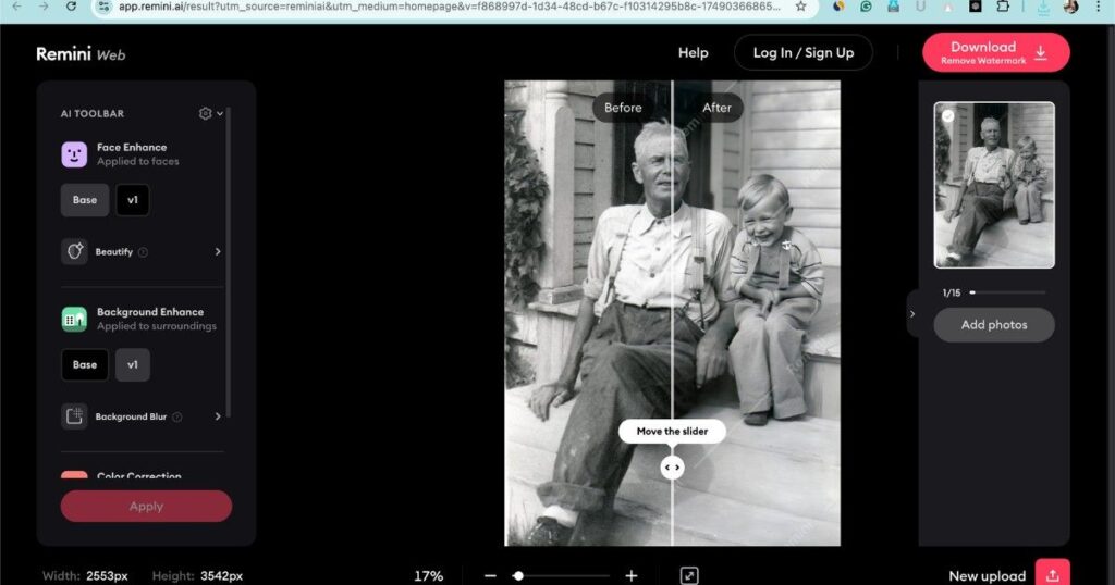 Before and after comparison of old photo restored using Remini AI