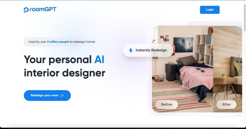 RoomGPT homepage showing AI interior design tool with before and after room example