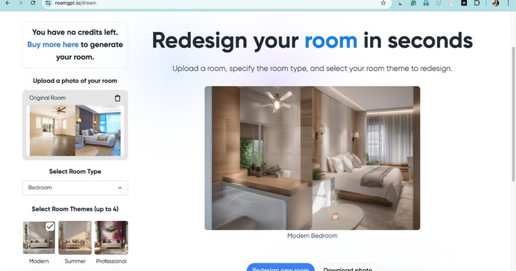RoomGPT interface showing uploaded bedroom photo, selected themes, and AI-generated modern design