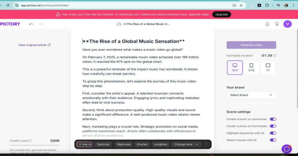 "AI video editor interface showing script and scene generation options"