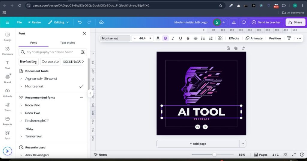 "User selecting font and color theme in an AI logo design tool"