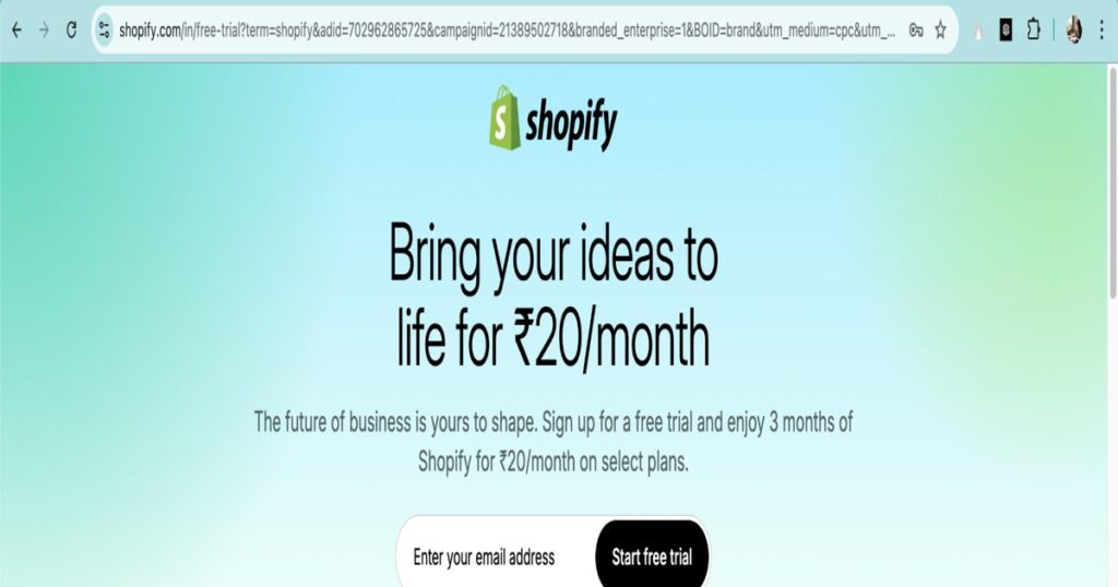 Shopify offer banner showing ₹20/month plan with free trial for online store setup