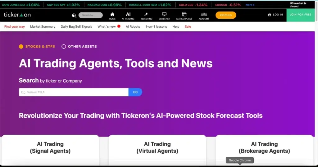 Screenshot of Tickeron AI stock prediction tool homepage with trading agents and stock forecast interface