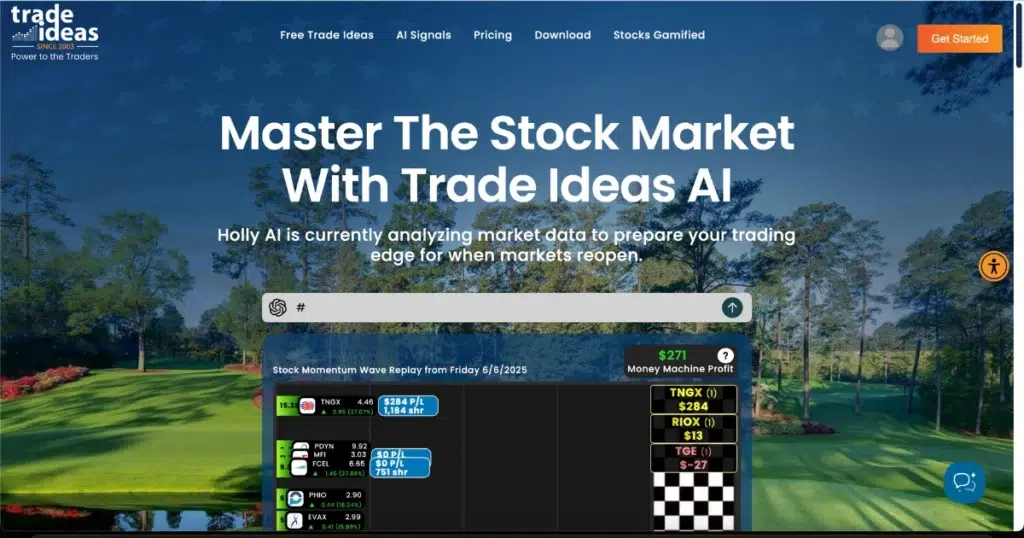Trade Ideas AI-powered stock market analysis platform homepage showing real-time trading signals and performance metrics