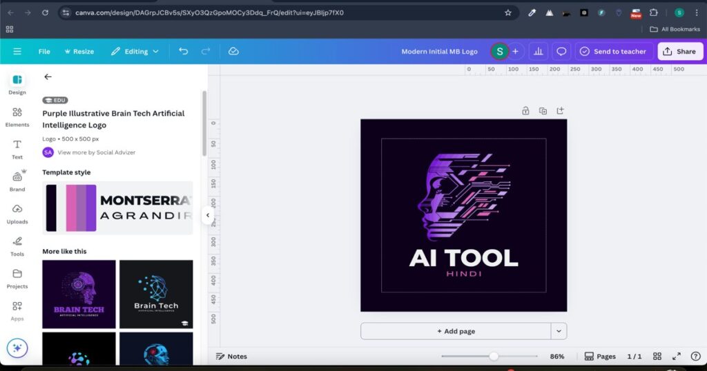 "User typing brand name in AI logo design editor on Canva"