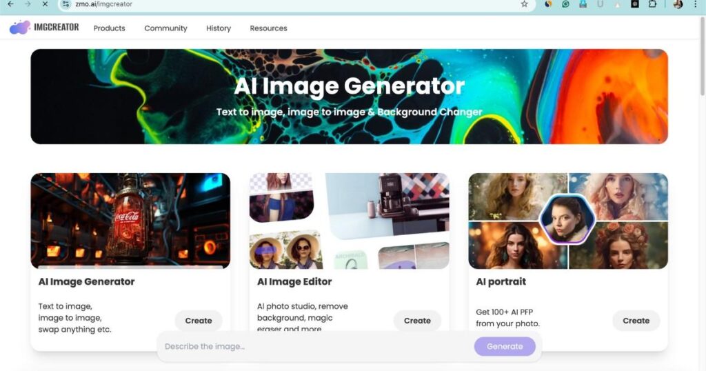 ZMO.AI interface displaying image generator, editor, and portrait creation tools