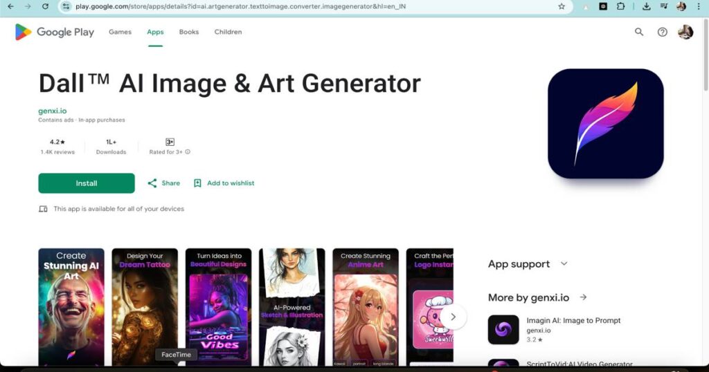 DALL·E AI image and art generator app interface on Google Play Store showing creative tools and design features