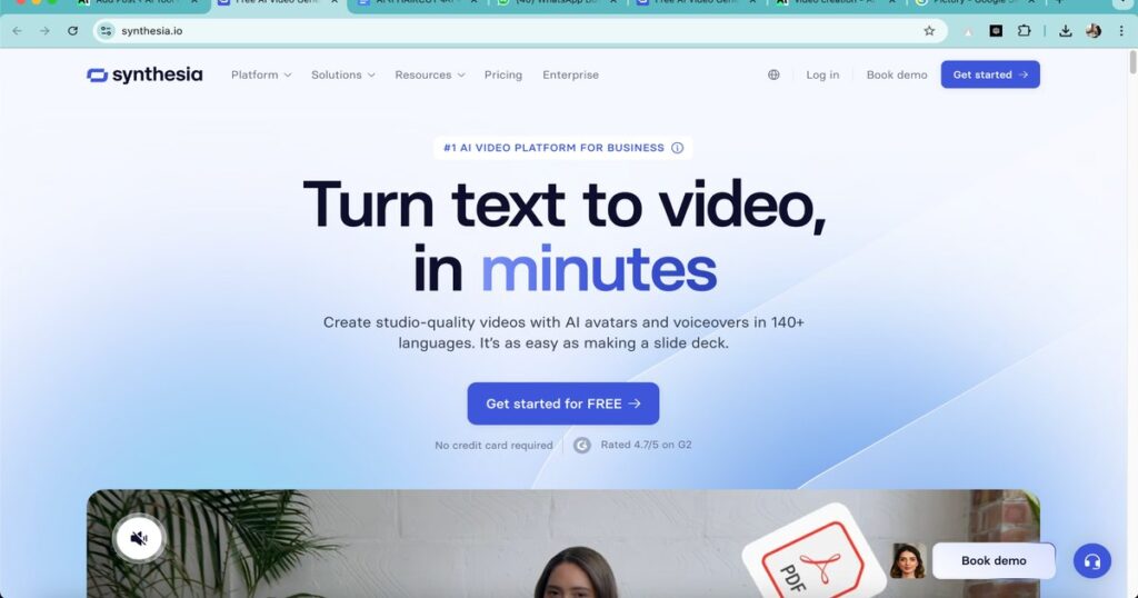 "Dashboard of Synthesia AI video creation platform showing text-to-video interface"
