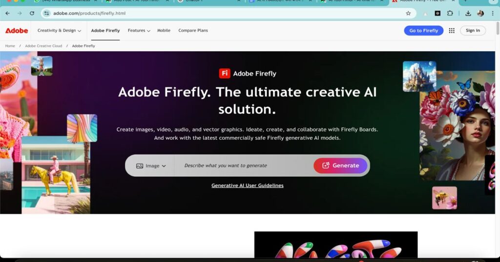 Adobe Firefly homepage for generating AI-based images and visuals