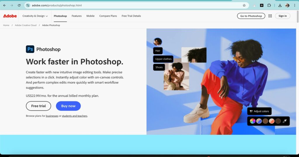 Adobe Photoshop website showcasing AI-powered image editing features