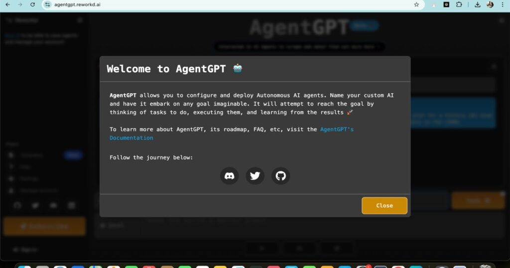 "Screenshot of AgentGPT interface for configuring autonomous AI agents"