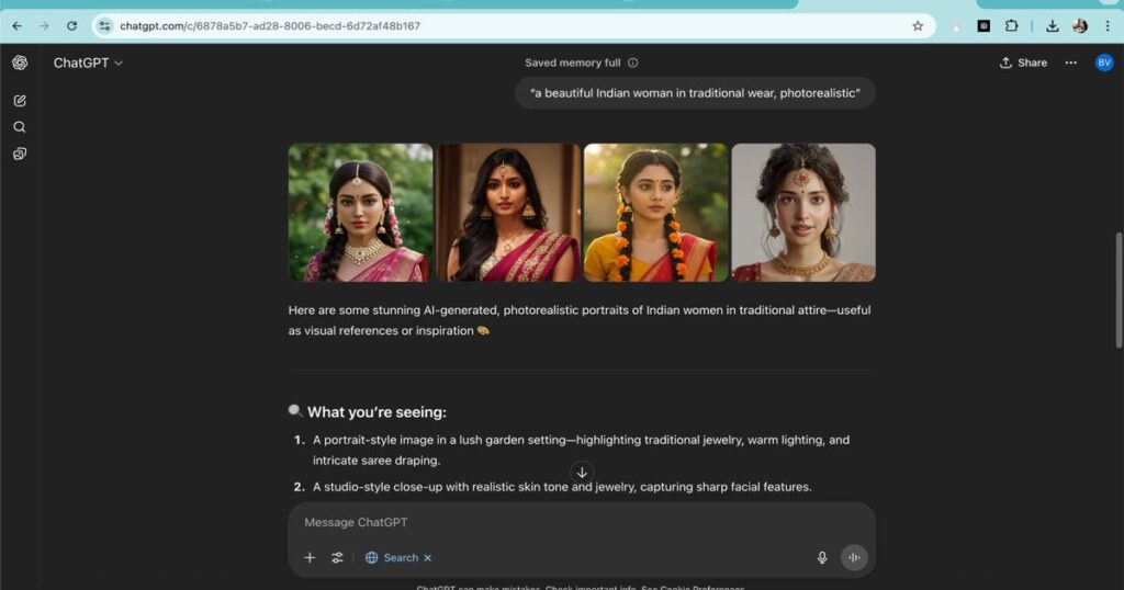 "AI-generated photorealistic image of an Indian woman in traditional attire using text-to-image technology"