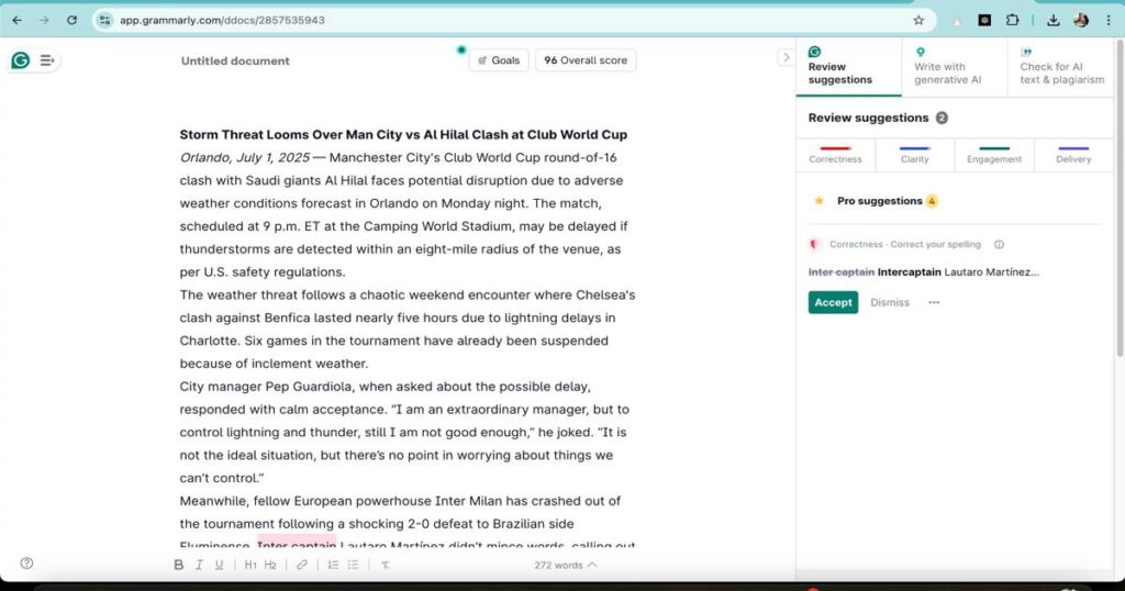 Grammarly interface showing AI-assisted fact-checking and editing suggestions for a news article