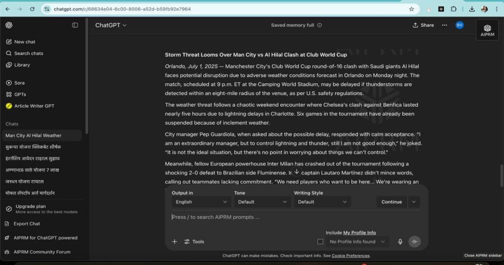 ChatGPT interface generating a news article script using AI