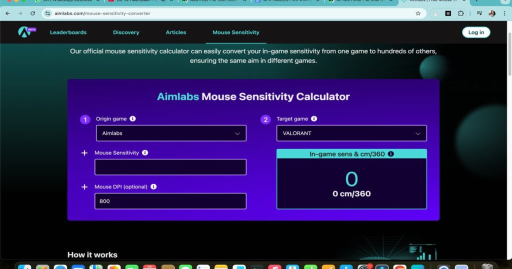 AI Sensitivity Finder interface showing Aimlabs mouse sensitivity conversion tool