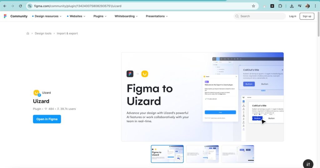 Figma to Uizard plugin interface for converting UI designs using AI