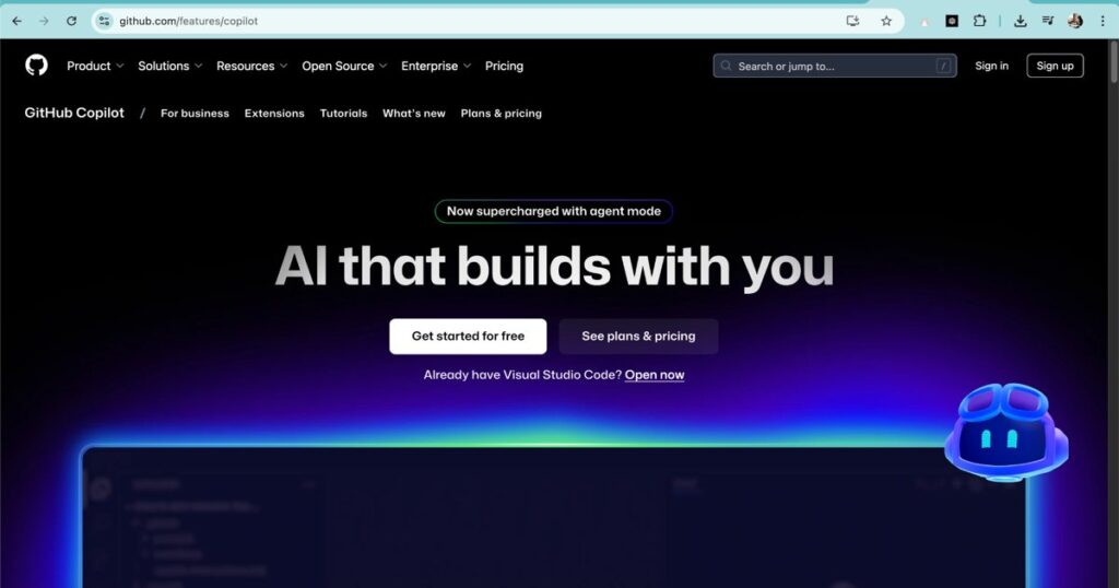 GitHub Copilot homepage showing AI-powered code assistant interface