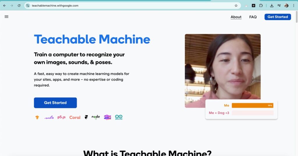 Google Teachable Machine homepage showing real-time image recognition interface