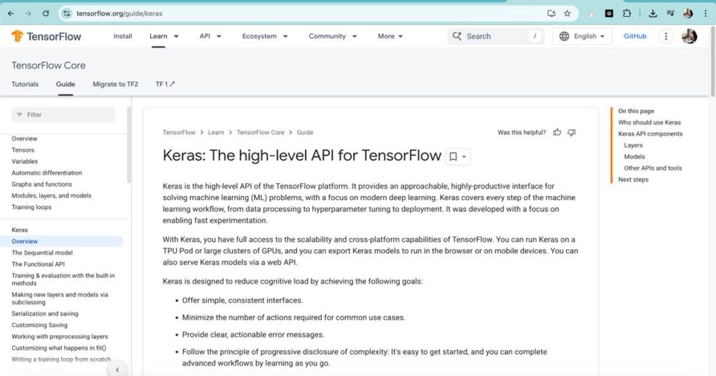 TensorFlow Keras guide page explaining high-level API for machine learning