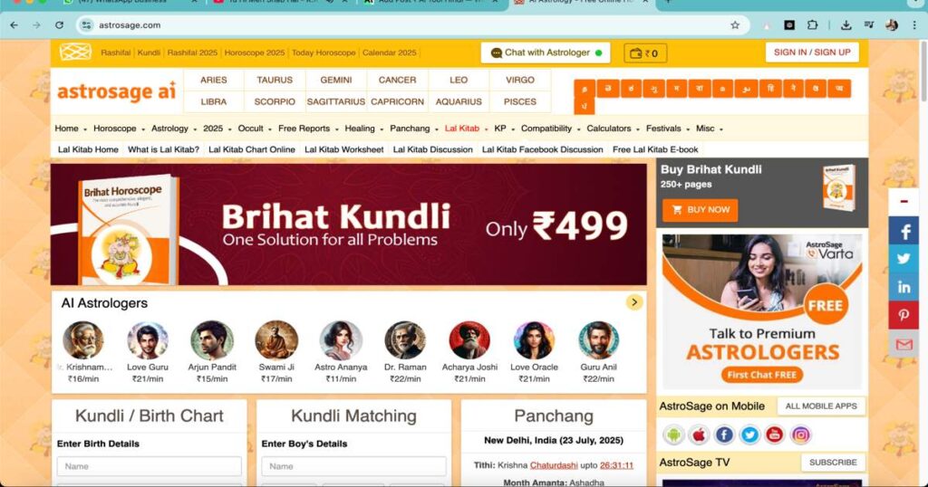 Astrosage AI astrology app homepage with AI-based kundli and horoscope services