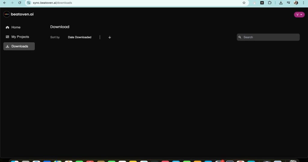 Beatoven.ai downloads page showing empty music download history interface for exported AI-generated tracks