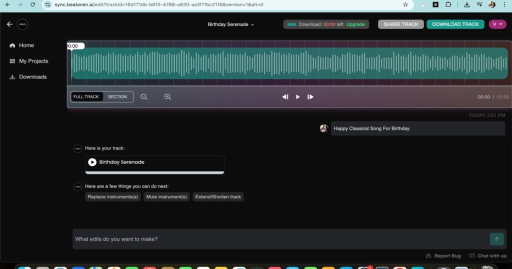 Beatoven.ai music editing interface showing waveform of generated track with options to play, edit, and adjust instruments