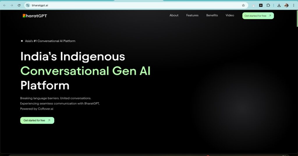 BharatGPT homepage showing India's indigenous conversational AI platform