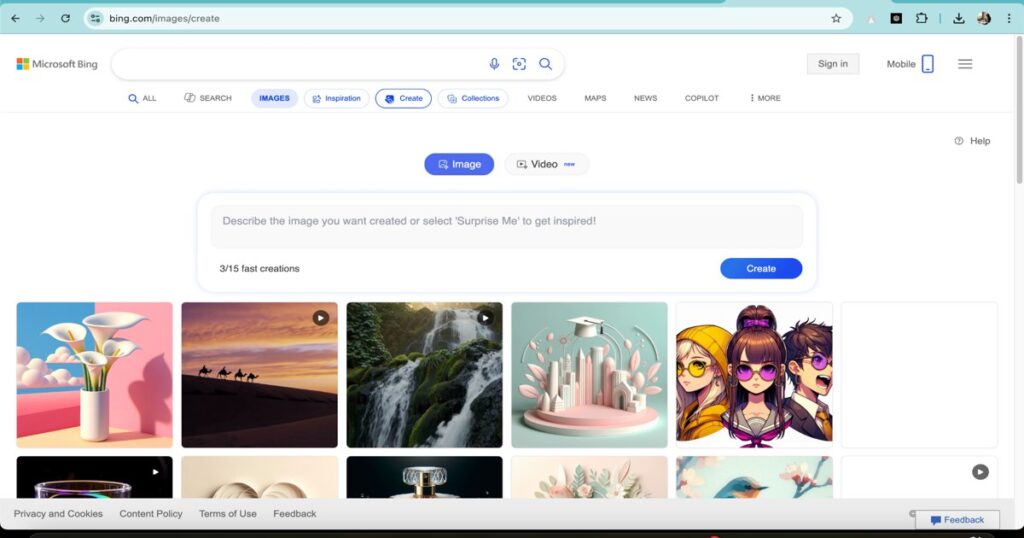 Bing AI Image Creator homepage with text-to-image prompt interface