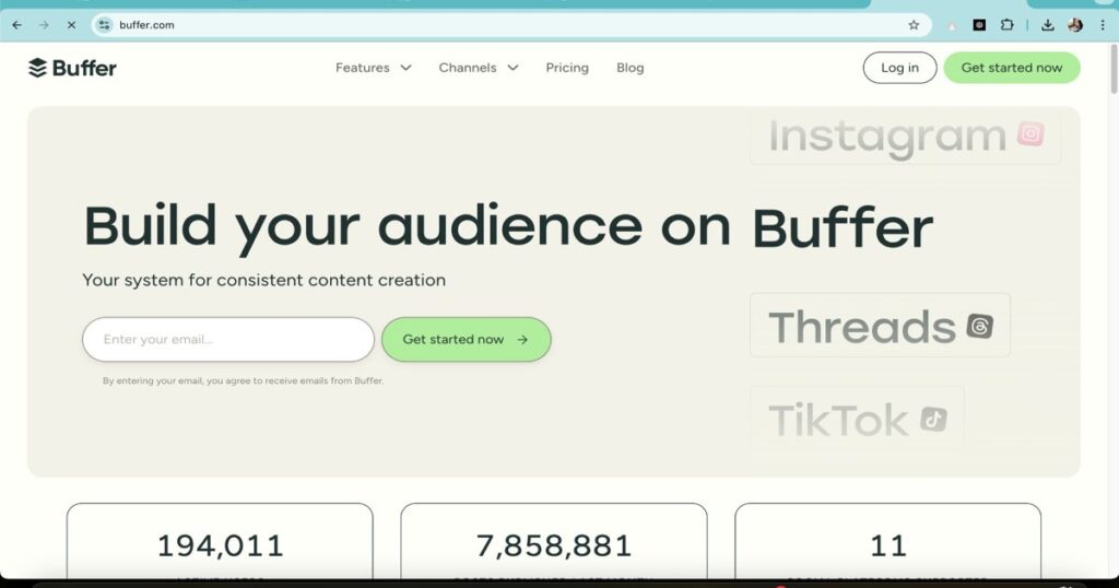 Buffer homepage showing social media scheduling and audience growth tools
