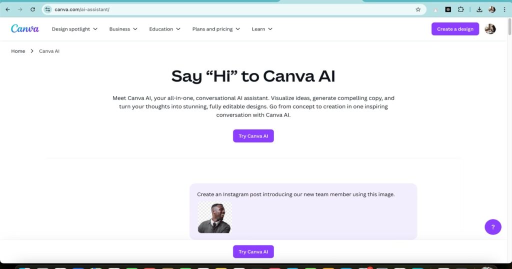 Screenshot of Canva AI interface showing design assistant features