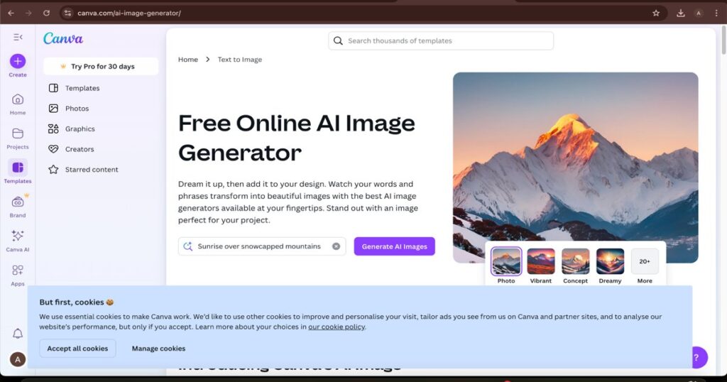 Canva AI image generator interface with text-to-image feature