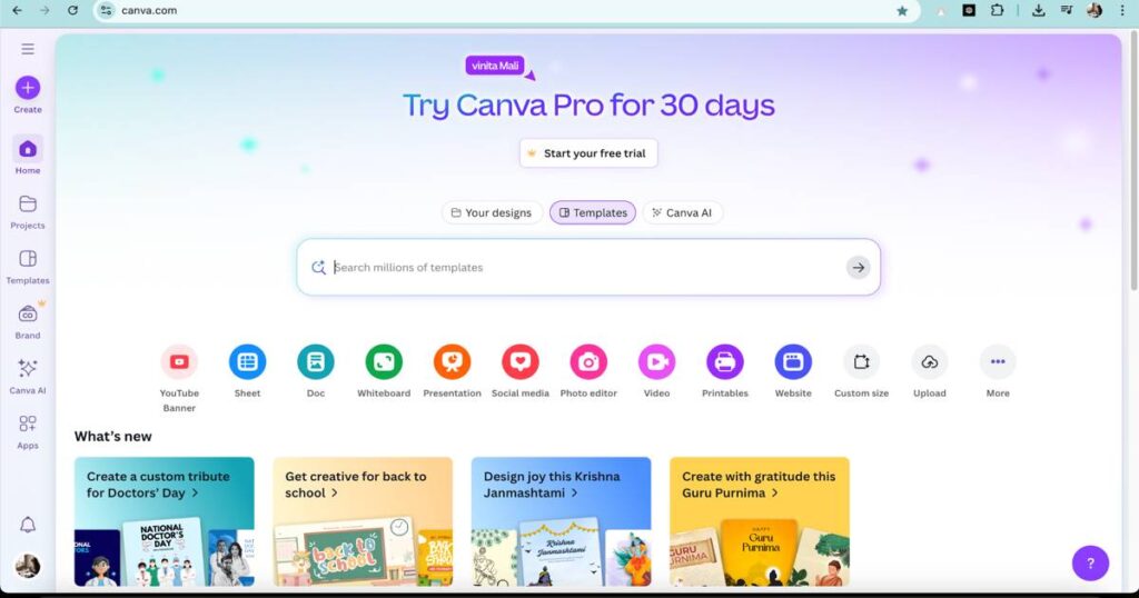 "Canva AI homepage with template design and video creation tools"