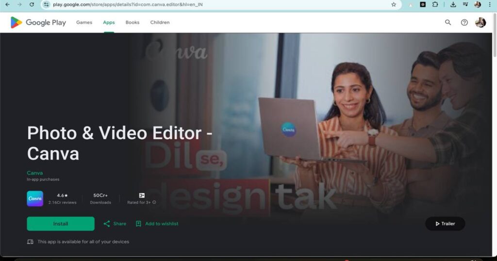 Canva AI app interface on Google Play Store showing photo and video editing features with Magic Studio
