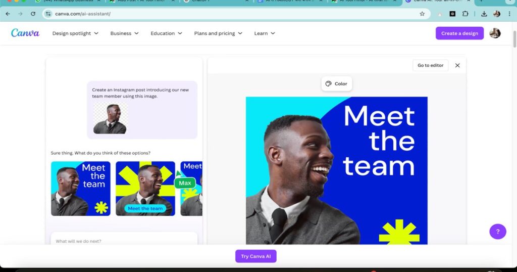 Canva AI interface generating thumbnail and visual design options