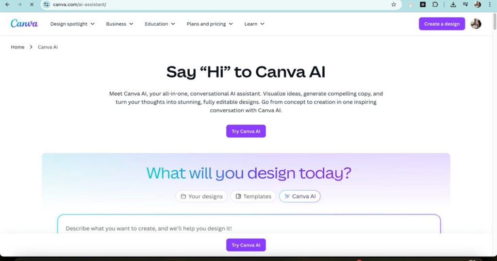 Screenshot of Canva AI homepage showcasing design tools for social media content creation