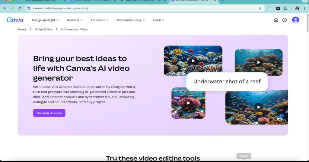 Canva AI video generator homepage showing underwater video templates